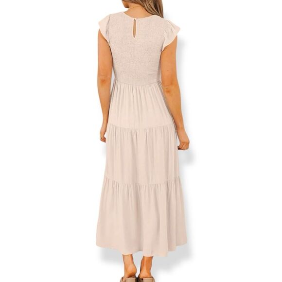 Apricot Cottagecore Smocked Tiered Midi Dress Short Sleeve Peachy Tan Medium NWT - Picture 15 of 16